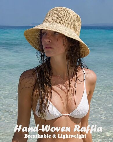 Women Raffia Straw Bucket Hat Summer Woven Beach Sun Hat Handmade Natural Raffia Foldable Cap in Kuwait