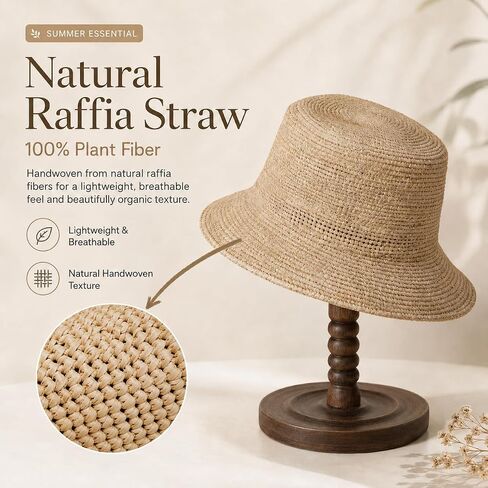 Women Raffia Straw Bucket Hat Summer Woven Beach Sun Hat Handmade Natural Raffia Foldable Cap in Kuwait