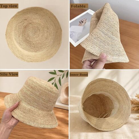 Women Raffia Straw Bucket Hat Summer Woven Beach Sun Hat Handmade Natural Raffia Foldable Cap in Kuwait