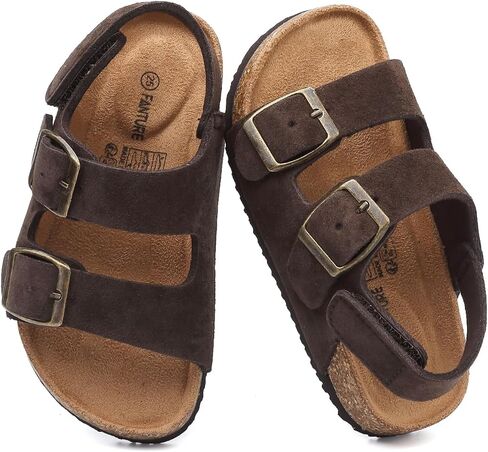 FANTURE Kids Sandals with Arch Support, Genuine Leather Cork Footbed Slides for Boys Girls Toddler, Adjustable Double Strap with Backstrap, Non Slip Summer Beach Shoes in Kuwait