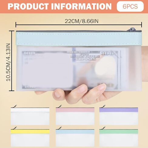 6Pcs Money Bag, 8.7x4.1 Inch PVC Money Pouches for Cash with Zipper, Clear Envelope Pouch for Collectors Pouches for Cash with Zipper in Saudi Arabia