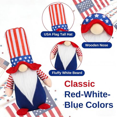 4th of July Gnomes Decorations, 2 Pcs Handmade Patriotic USA Gnomes Plush, Mr & Mrs Swedish Tomte Ornaments for Independence Day Memorial Day Table Tiered Tray Decor Gifts(GQColor) in Kuwait