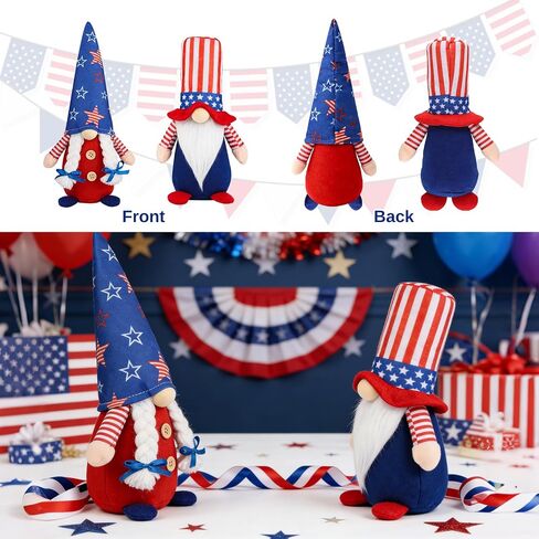 4th of July Gnomes Decorations, 2 Pcs Handmade Patriotic USA Gnomes Plush, Mr & Mrs Swedish Tomte Ornaments for Independence Day Memorial Day Table Tiered Tray Decor Gifts(GQColor) in Kuwait
