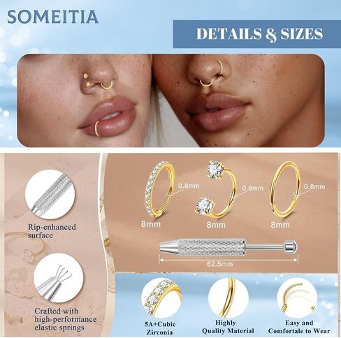 3Pcs 20G Nose Rings Hoops for Women Surgical Steel Hinged CZ Nose Hoops Clicker Nose Ring Double Gem Horseshoe Nose Rings Tragus Helix Cartilage Rook Labret Lip Piercing Jewelry 8/10mm in Saudi Arabia