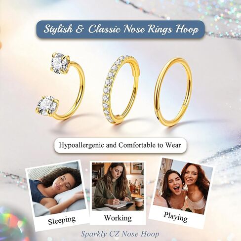 3Pcs 20G Nose Rings Hoops for Women Surgical Steel Hinged CZ Nose Hoops Clicker Nose Ring Double Gem Horseshoe Nose Rings Tragus Helix Cartilage Rook Labret Lip Piercing Jewelry 8/10mm in Saudi Arabia