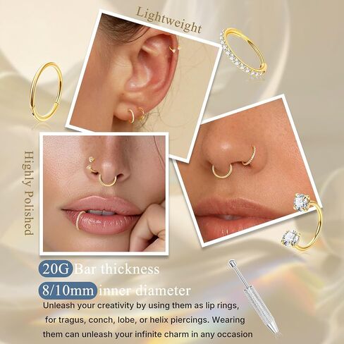 3Pcs 20G Nose Rings Hoops for Women Surgical Steel Hinged CZ Nose Hoops Clicker Nose Ring Double Gem Horseshoe Nose Rings Tragus Helix Cartilage Rook Labret Lip Piercing Jewelry 8/10mm in Saudi Arabia