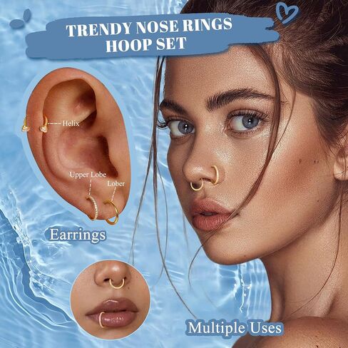 3Pcs 20G Nose Rings Hoops for Women Surgical Steel Hinged CZ Nose Hoops Clicker Nose Ring Double Gem Horseshoe Nose Rings Tragus Helix Cartilage Rook Labret Lip Piercing Jewelry 8/10mm in Saudi Arabia