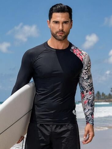Men’s Long Sleeve Rash Guard, UPF 50+ UV Protection Swim Shirt with Printed Sleeves, Quick-Dry Athletic Fit for Surfing in Kuwait