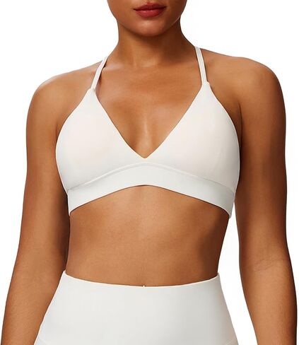 Lavento Women's Deep V-Neck Cross Back Sports Bras - Adjustable Spaghetti Strap Low Coverage Yoga Bra Top in Kuwait