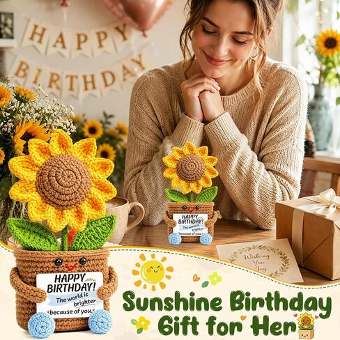 Xinezaa Mini Sunflower Birthday Gifts for Women Men, Happy Birthday Flowers | Birthday Gifts for Coworker Friend Sister Bestie, Cute Small Handmade Crochet Sunflower, Years Old Birthday Party Decorations in Saudi Arabia