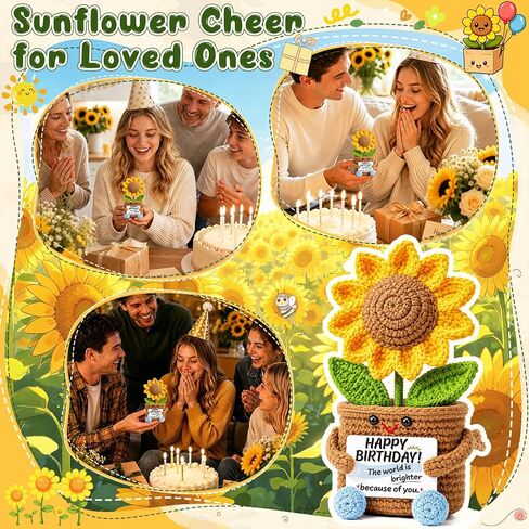 Xinezaa Mini Sunflower Birthday Gifts for Women Men, Happy Birthday Flowers | Birthday Gifts for Coworker Friend Sister Bestie, Cute Small Handmade Crochet Sunflower, Years Old Birthday Party Decorations in Saudi Arabia