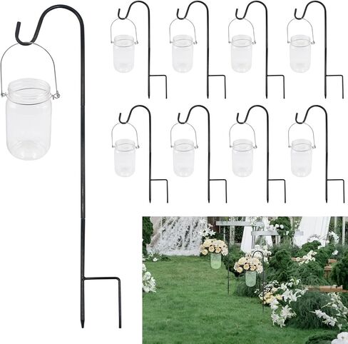 8 Sets Wedding Aisle Decoration Including 8 Pcs 15 oz Plastic Mason Jars with Handle and 8 Pcs 32'' High Shepherds Hooks for Outdoor Wedding Ceremony Decoration (Flowers Not Included) in Kuwait