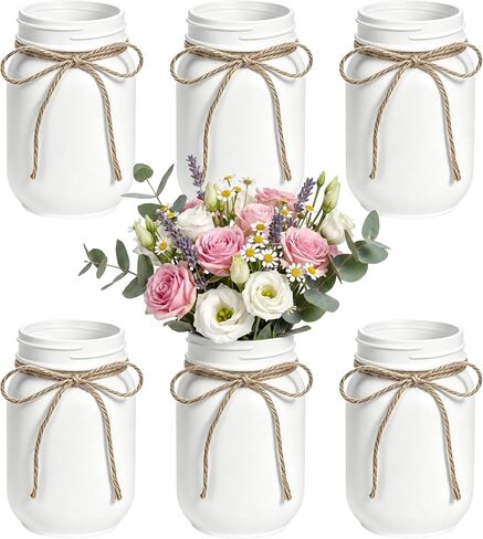 6Pcs White Mason Jar Glass Flower Vases with Twine, Farmhouse Rustic Decorative Vases for Wedding Centerpieces, Table Decor & Home Decoration, Multi-Purpose Vase in Saudi Arabia