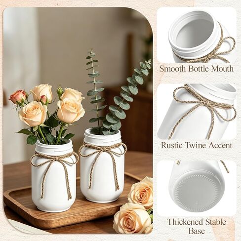 6Pcs White Mason Jar Glass Flower Vases with Twine, Farmhouse Rustic Decorative Vases for Wedding Centerpieces, Table Decor & Home Decoration, Multi-Purpose Vase in Saudi Arabia