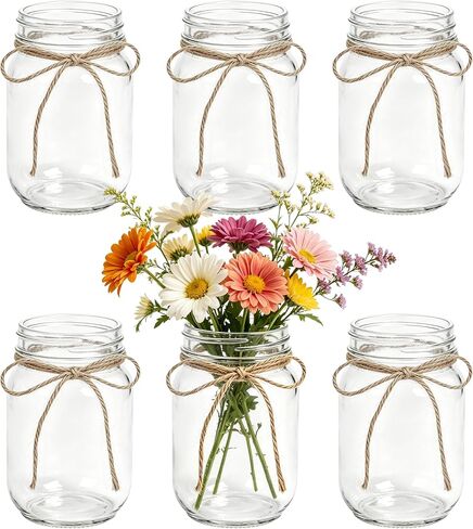 6Pcs White Mason Jar Glass Flower Vases with Twine, Farmhouse Rustic Decorative Vases for Wedding Centerpieces, Table Decor & Home Decoration, Multi-Purpose Vase in Saudi Arabia