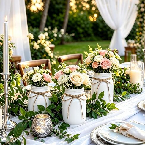 6Pcs White Mason Jar Glass Flower Vases with Twine, Farmhouse Rustic Decorative Vases for Wedding Centerpieces, Table Decor & Home Decoration, Multi-Purpose Vase in Saudi Arabia