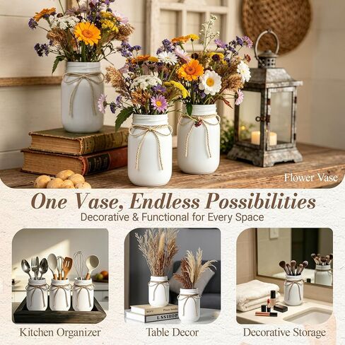 6Pcs White Mason Jar Glass Flower Vases with Twine, Farmhouse Rustic Decorative Vases for Wedding Centerpieces, Table Decor & Home Decoration, Multi-Purpose Vase in Saudi Arabia