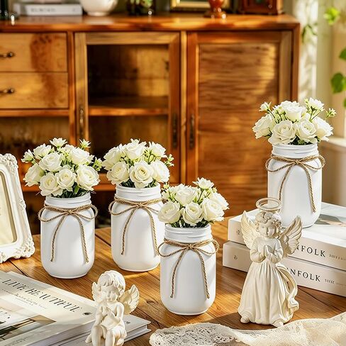 6Pcs White Mason Jar Glass Flower Vases with Twine, Farmhouse Rustic Decorative Vases for Wedding Centerpieces, Table Decor & Home Decoration, Multi-Purpose Vase in Saudi Arabia
