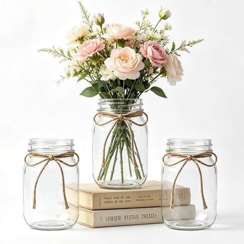 6Pcs White Mason Jar Glass Flower Vases with Twine, Farmhouse Rustic Decorative Vases for Wedding Centerpieces, Table Decor & Home Decoration, Multi-Purpose Vase in Saudi Arabia