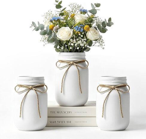 6Pcs White Mason Jar Glass Flower Vases with Twine, Farmhouse Rustic Decorative Vases for Wedding Centerpieces, Table Decor & Home Decoration, Multi-Purpose Vase in Saudi Arabia