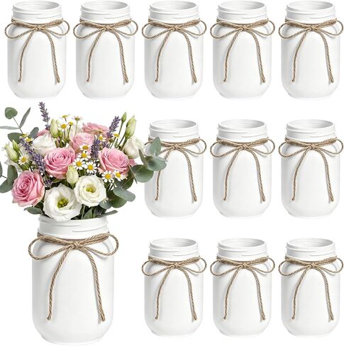 6Pcs White Mason Jar Glass Flower Vases with Twine, Farmhouse Rustic Decorative Vases for Wedding Centerpieces, Table Decor & Home Decoration, Multi-Purpose Vase in Saudi Arabia