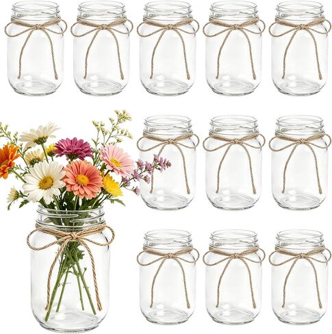 6Pcs White Mason Jar Glass Flower Vases with Twine, Farmhouse Rustic Decorative Vases for Wedding Centerpieces, Table Decor & Home Decoration, Multi-Purpose Vase in Saudi Arabia