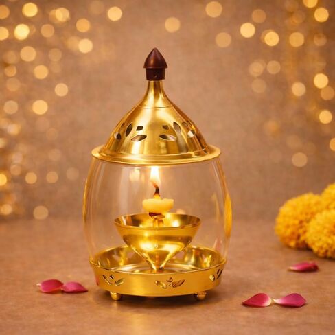 ServDharm Oil Lamp or Tealight Candle Holder Brass 6.3" | Akhand Jyoti Diya with Curved Glass Cover for Home Decor, Puja and Gifting in Kuwait