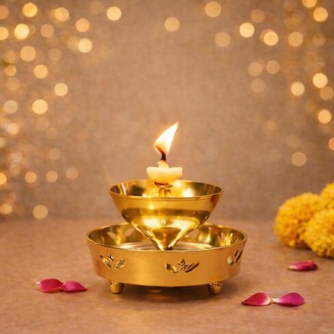 ServDharm Oil Lamp or Tealight Candle Holder Brass 6.3" | Akhand Jyoti Diya with Curved Glass Cover for Home Decor, Puja and Gifting in Kuwait