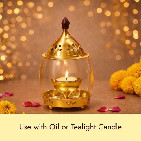 ServDharm Oil Lamp or Tealight Candle Holder Brass 6.3" | Akhand Jyoti Diya with Curved Glass Cover for Home Decor, Puja and Gifting in Kuwait