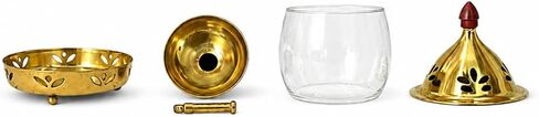 ServDharm Oil Lamp or Tealight Candle Holder Brass 6.3" | Akhand Jyoti Diya with Curved Glass Cover for Home Decor, Puja and Gifting in Kuwait