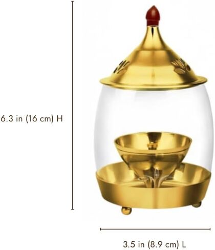 ServDharm Oil Lamp or Tealight Candle Holder Brass 6.3" | Akhand Jyoti Diya with Curved Glass Cover for Home Decor, Puja and Gifting in Kuwait