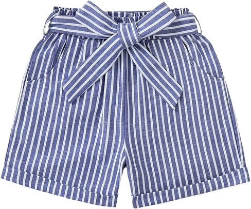 Girls Striped Paperbag Shorts Cotton Summer School Vacation Shorts with Bow Tie and Pockets in Kuwait