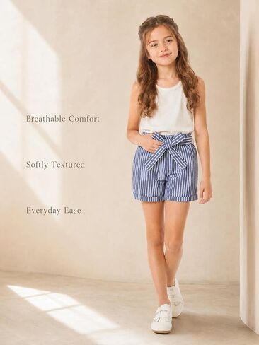 Girls Striped Paperbag Shorts Cotton Summer School Vacation Shorts with Bow Tie and Pockets in Kuwait