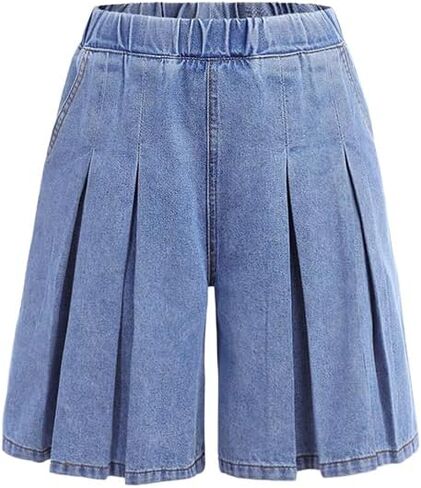 Nivne Tco Tween Girls Baggy Denim Shorts with Elastic Waistband Fashion Pleated Design Loose Fit Jean Shorts in Saudi Arabia