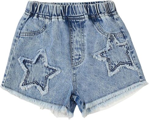GORGLITTER Girl's Jean Shorts Y2K Jorts Star Patched Distressed Fringe Hem Cute Denim Shorts in Kuwait