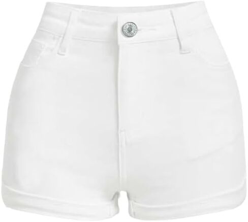 Nivne Tco Teen Girls High Waist Denim Shorts - Rolled Hem White Ripped Distressed Button & Zipper Fly Jean Shorts, 5 Pockets in Saudi Arabia