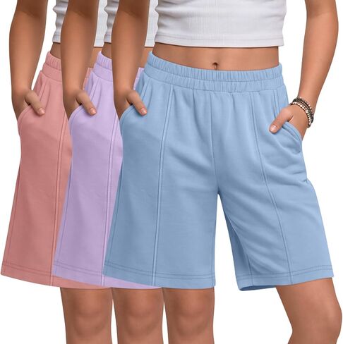 3 Pack Girls' Shorts Bermuda Athletic Elastic Straight Long Shorts Summer Short Sweatpants with Pocket 5-14 Years in Kuwait