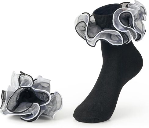 Snycler Women's Big Ruffle Socks Cotton Lace Trim, Double Layered Frilly Turn Cuff Ankle Socks for Ladies Casual Socks in Saudi Arabia