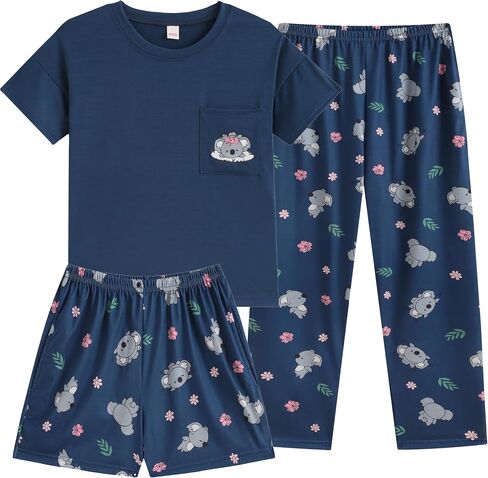 Vopmocld Big Girls 3 Pieces Pajama Sets Cute Pocket Short Sleeve PJs with Shorts & Pants Soft Sleepwear Tweens Size 8-18 in Saudi Arabia