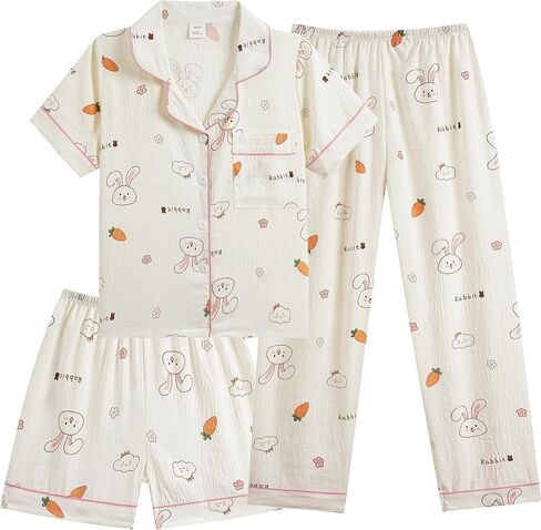 Vopmocld Big Girls 3pcs Pajama Sets Button Down Sleepwear Cloud-like Feel Softness Cozy Nighty Long Pant with Shorts PJS in Saudi Arabia