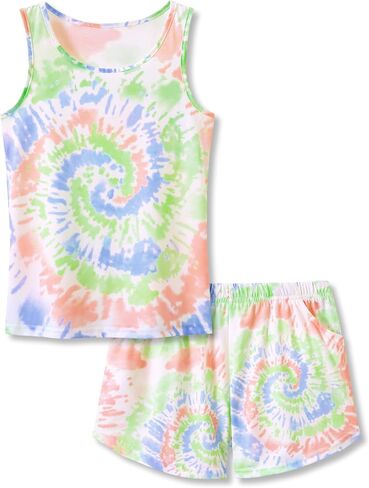 Topgal Summer Pajamas for Little/Big Girls - Tie Dye Kids' Tank Top & Shorts 2-Piece Sleepwear Set Size 6-18 in Saudi Arabia