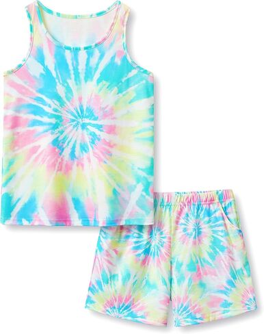 Topgal Summer Pajamas for Little/Big Girls - Tie Dye Kids' Tank Top & Shorts 2-Piece Sleepwear Set Size 6-18 in Saudi Arabia