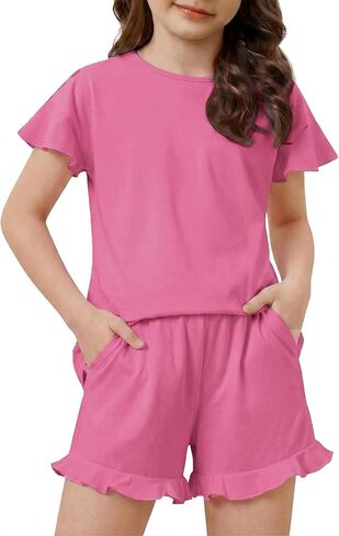 Arshiner Girls Pajamas Ruffle Short Sets Summer Sleepwear Soft Clothes Kids Pjs in Kuwait