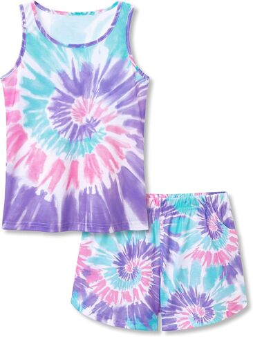 Topgal Summer Pajamas for Little/Big Girls - Tie Dye Kids' Tank Top & Shorts 2-Piece Sleepwear Set Size 6-18 in Saudi Arabia