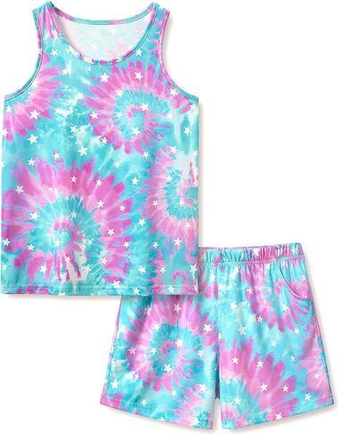 Topgal Summer Pajamas for Little/Big Girls - Tie Dye Kids' Tank Top & Shorts 2-Piece Sleepwear Set Size 6-18 in Saudi Arabia