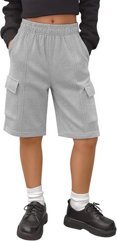 Girls Cargo Shorts Kids Wide Leg Knee Length Baggy Casual Shorts Elastic Waist Teen Bermuda Pants with Pockets in Saudi Arabia