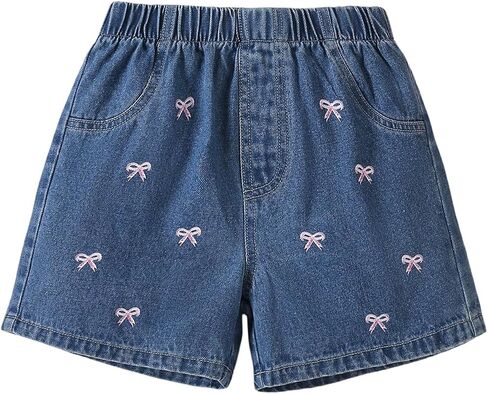 WDIRARA Girl's Bow Embroidered Denim Shorts Elastic Waist Straight Leg Cute Denim Shorts in Kuwait