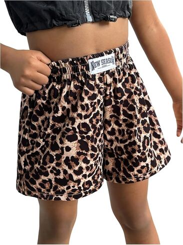 WDIRARA Girl's Leopard Elastic Waist Shorts Letter Patched Track Shorts Streetwear in Kuwait