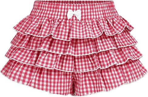 SOLY HUX Girl's Plaid Ruffle Mini Shorts Y2k Cute Gingham Bow Elastic Waist Layered Bloomer Shorts in Saudi Arabia