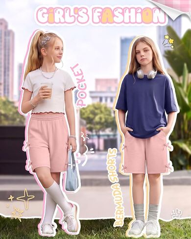 شورت برمودا للفتيات من Yooo's Vivi مع عقدة فيونكة للفتيات في سن المراهقة شورت صيفي فضفاض بخصر مطاطي بطول الركبة مع جيوب 7-16 سنة in Kuwait